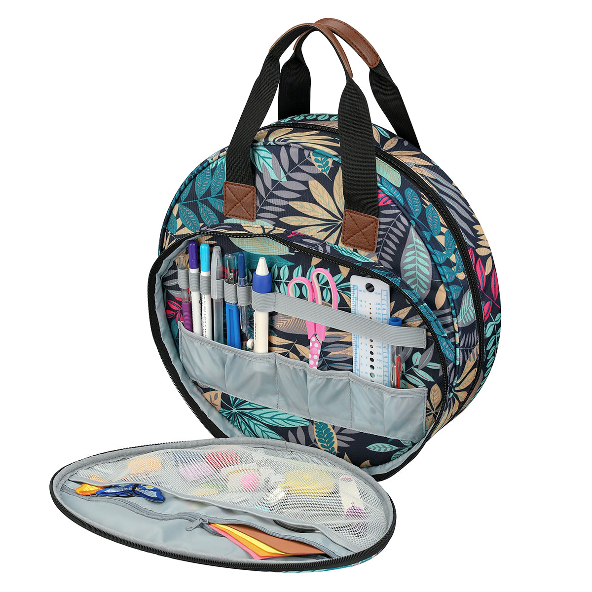 Embroidery Thread Bag with Maple Leaves Round Embroidered Circle Bag Blue Color Knitting Tote Bag Sewing Accessories
