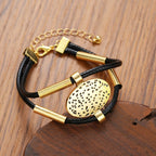Vintage Oval Metal Faux Leather Necklace Bracelet