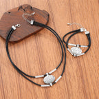 Vintage Oval Metal Faux Leather Necklace Bracelet