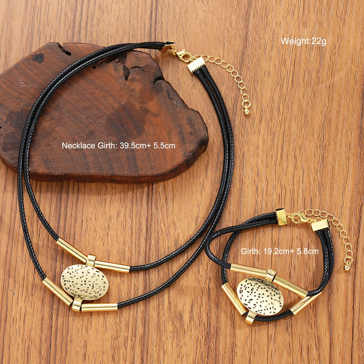 Vintage Oval Metal Faux Leather Necklace Bracelet