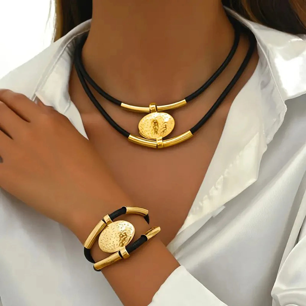 Vintage Oval Metal Faux Leather Necklace Bracelet