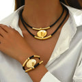 Vintage Oval Metal Faux Leather Necklace Bracelet