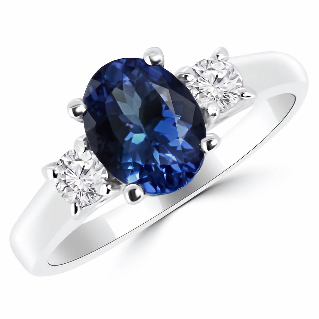 Oval Blue Sapphire & Diamond 3-Stone Engagement Ring in 14kt Gold